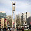 A view of the be bell tower with activity.